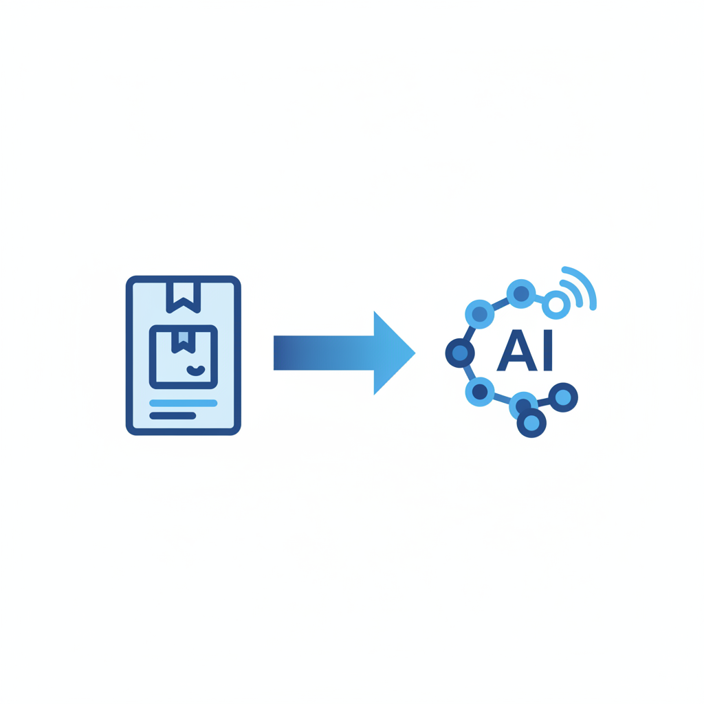 AI生成イラスト: 商品カードとAIアイコンが矢印で繋がっているシンプルなピクトグラム、文字なし