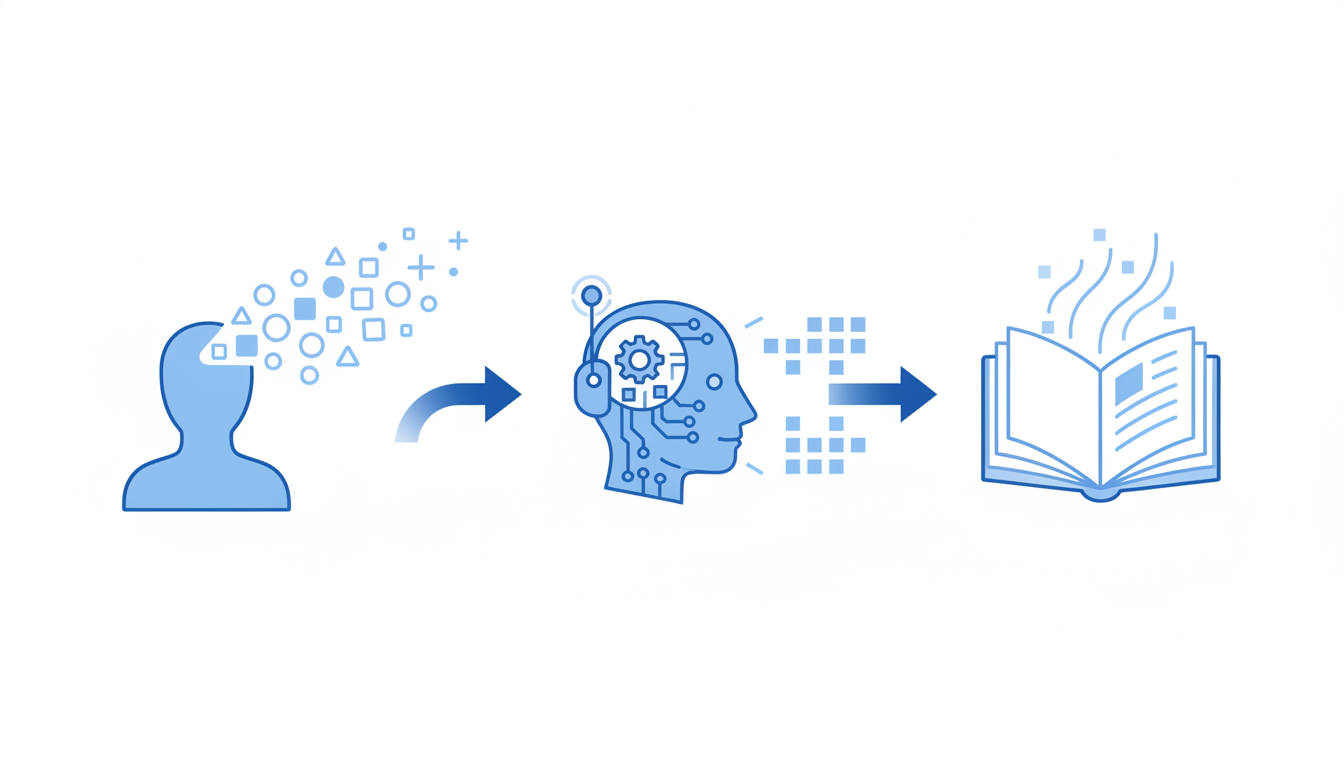 AI生成イラスト: 人がAIアシスタントに自分の経験を渡して文章を仕上げていく流れのイラスト