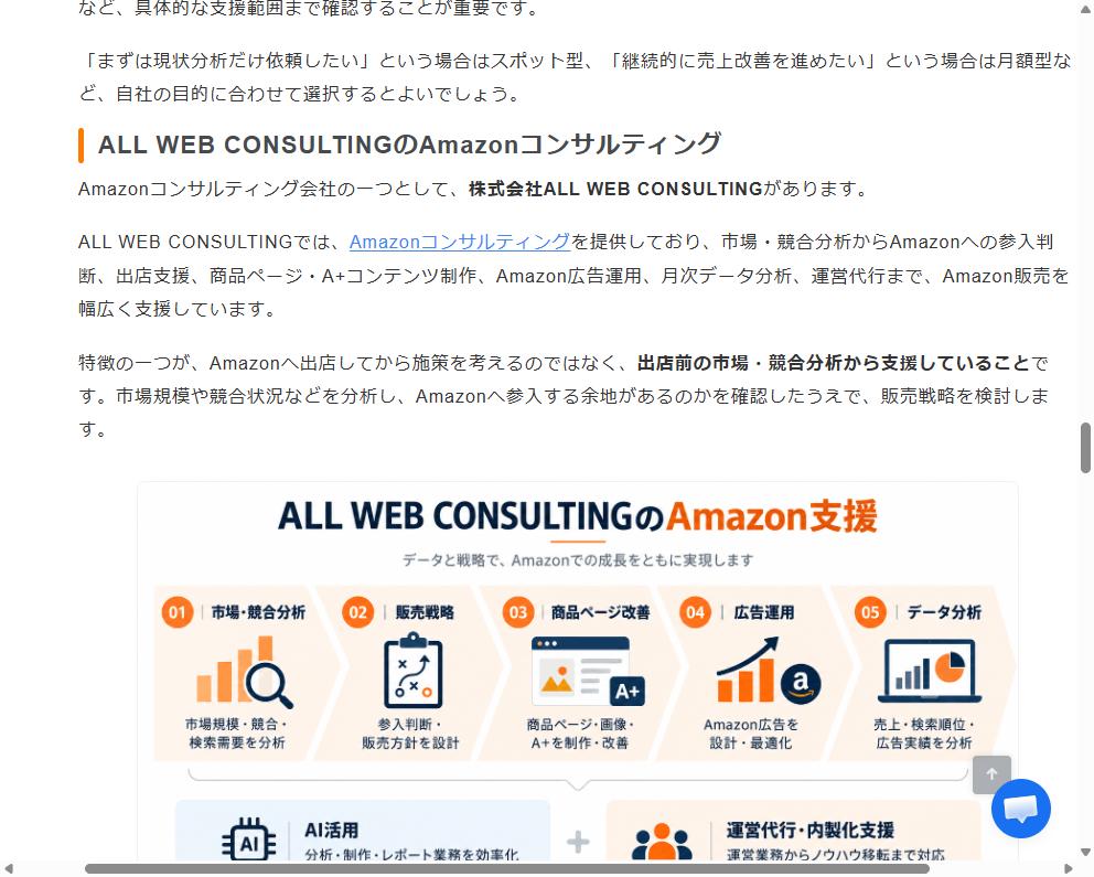 セラースプライト公式サイトの記事内で株式会社ALL WEB CONSULTINGのAmazonコンサルティングが紹介されている画面